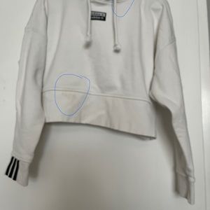 White adidas crop top hoodie with 3 stripes on the cuffs